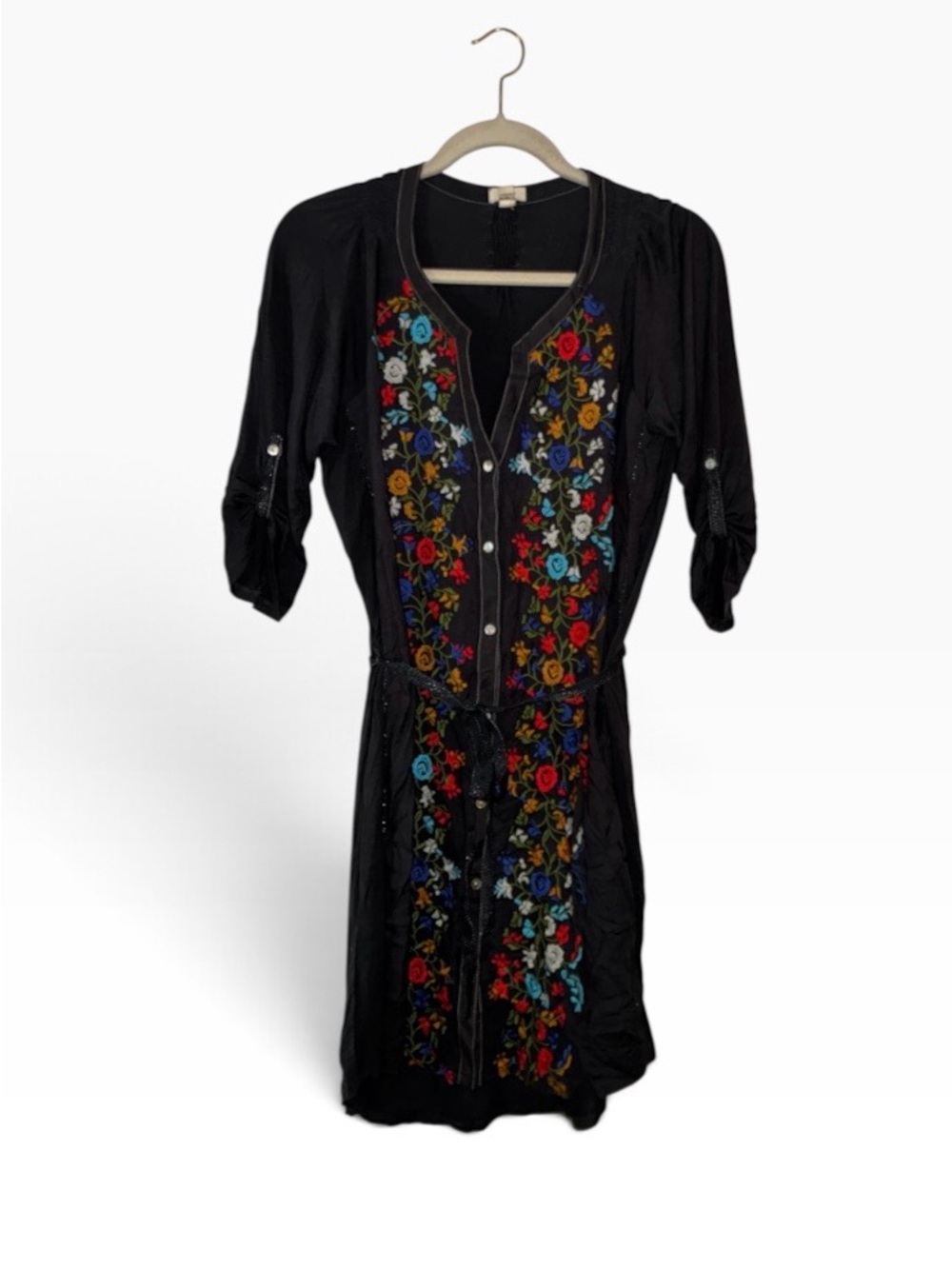 Tiny By Anthropologie Gray Dress Embroidered Front & Roll Sleeves Sz L